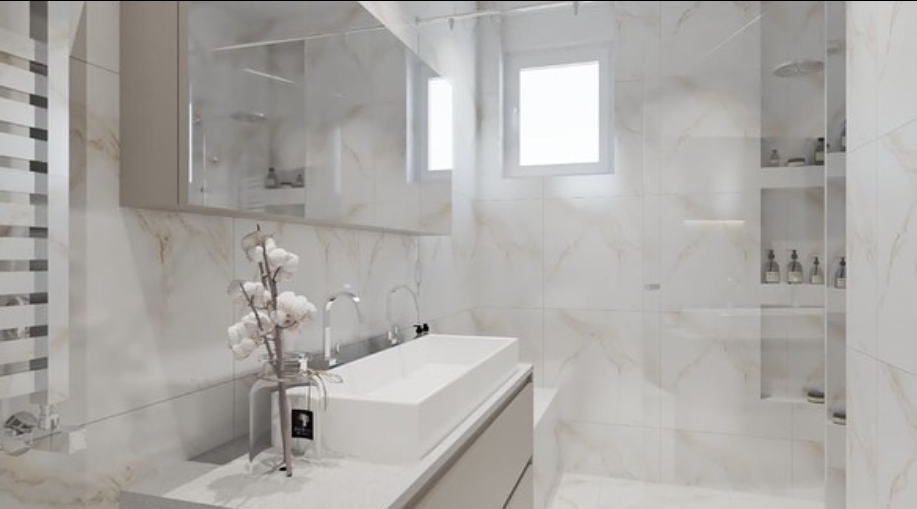 Render — kupatilo sa mermerom i tuš kabinom