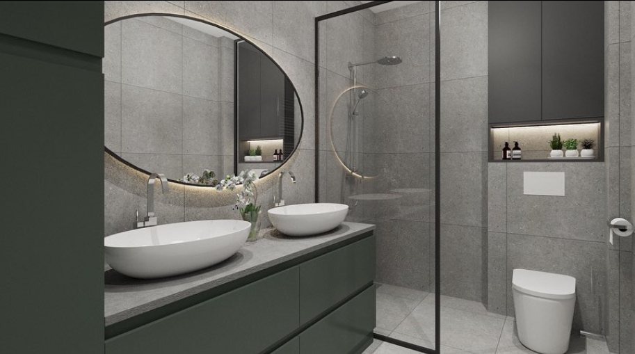 Render — moderno kupatilo sa duplim lavaboom i ovalnim ogledalom