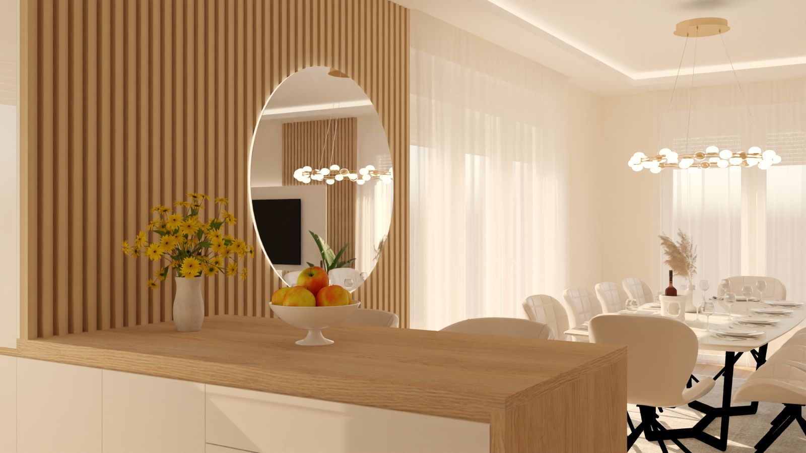 Render — drveni panel sa ogledalom