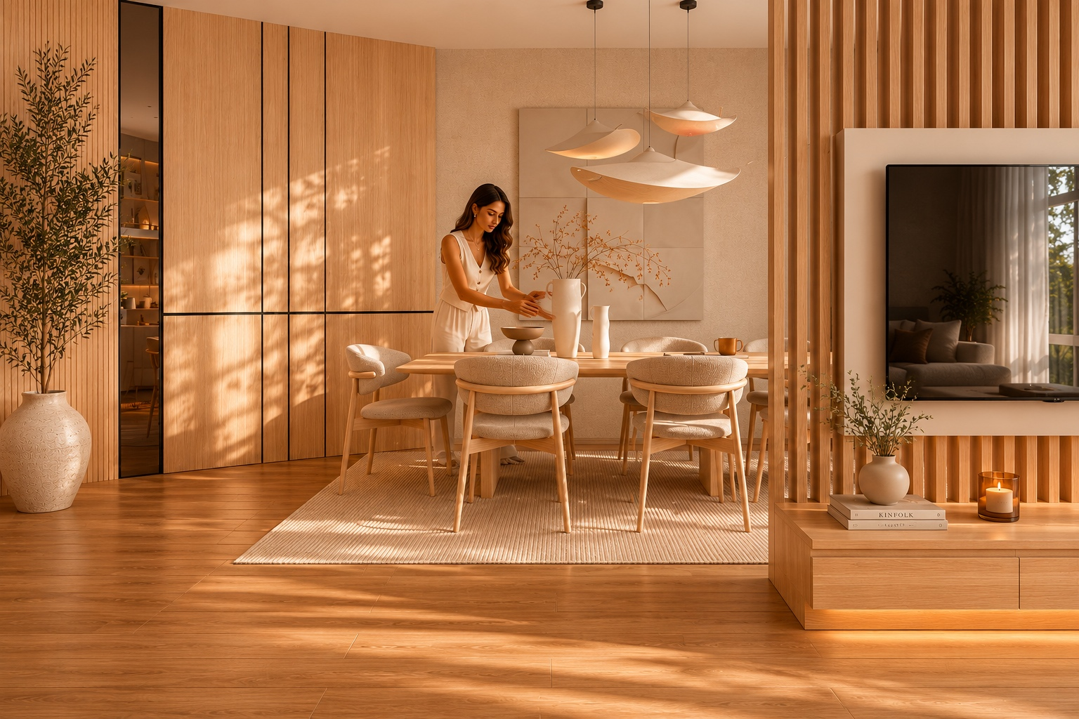 Render — trpezarija sa drvenim lamelama i TV zidom