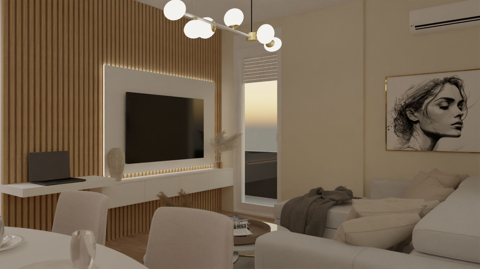 Render — dnevni boravak sa drvenim panelom i TV zidom