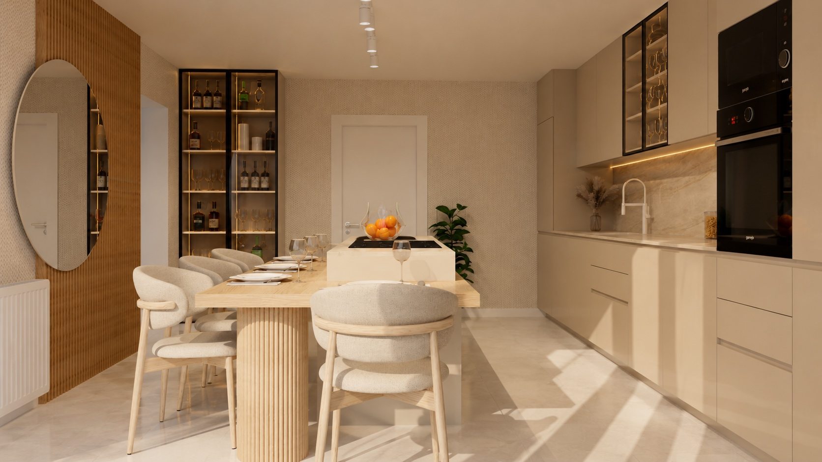 Render — kuhinja sa drvenim detaljima i vitrinama sa rasvetom