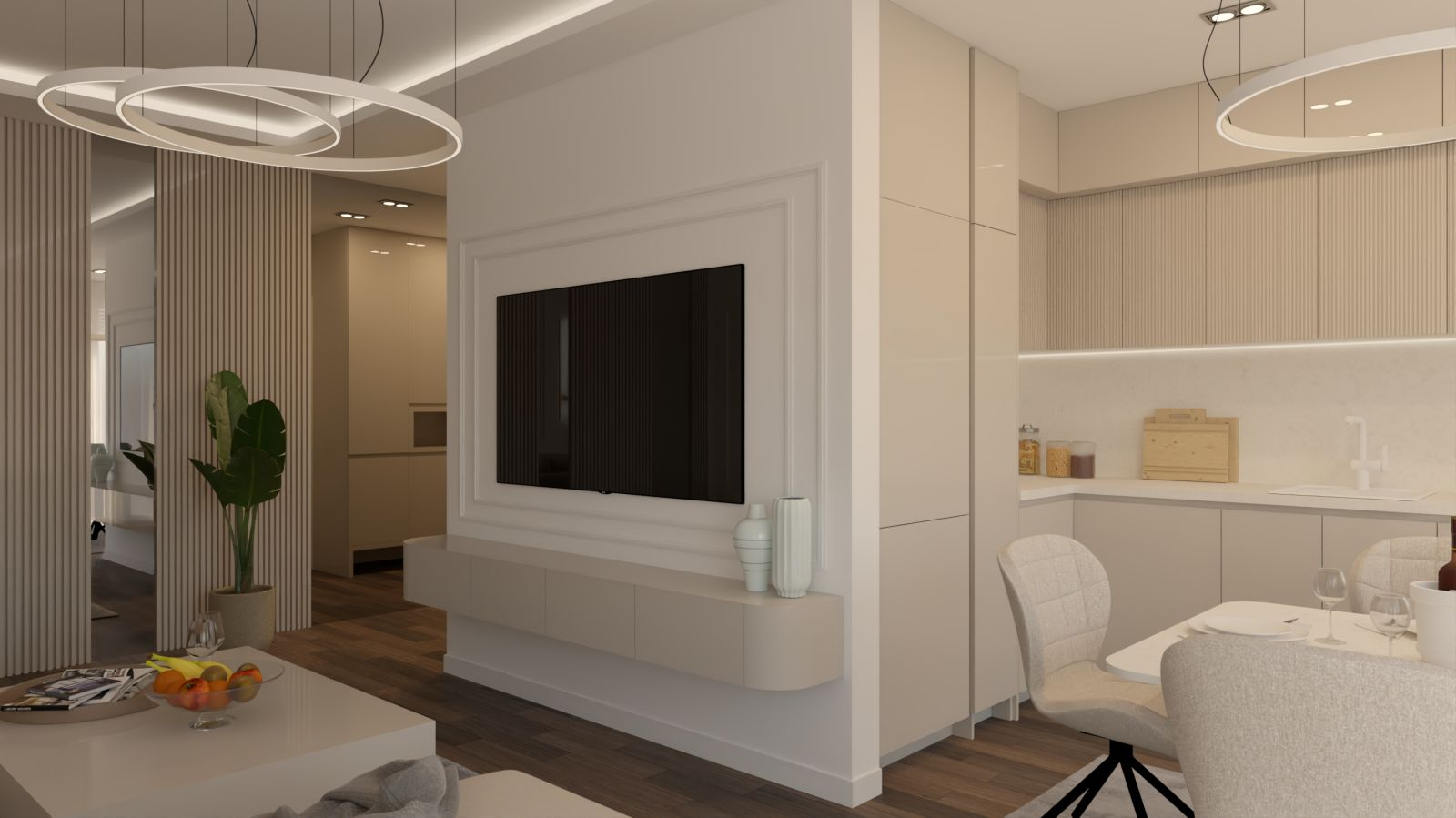 Render — TV zid sa lamelama i otvorena kuhinja