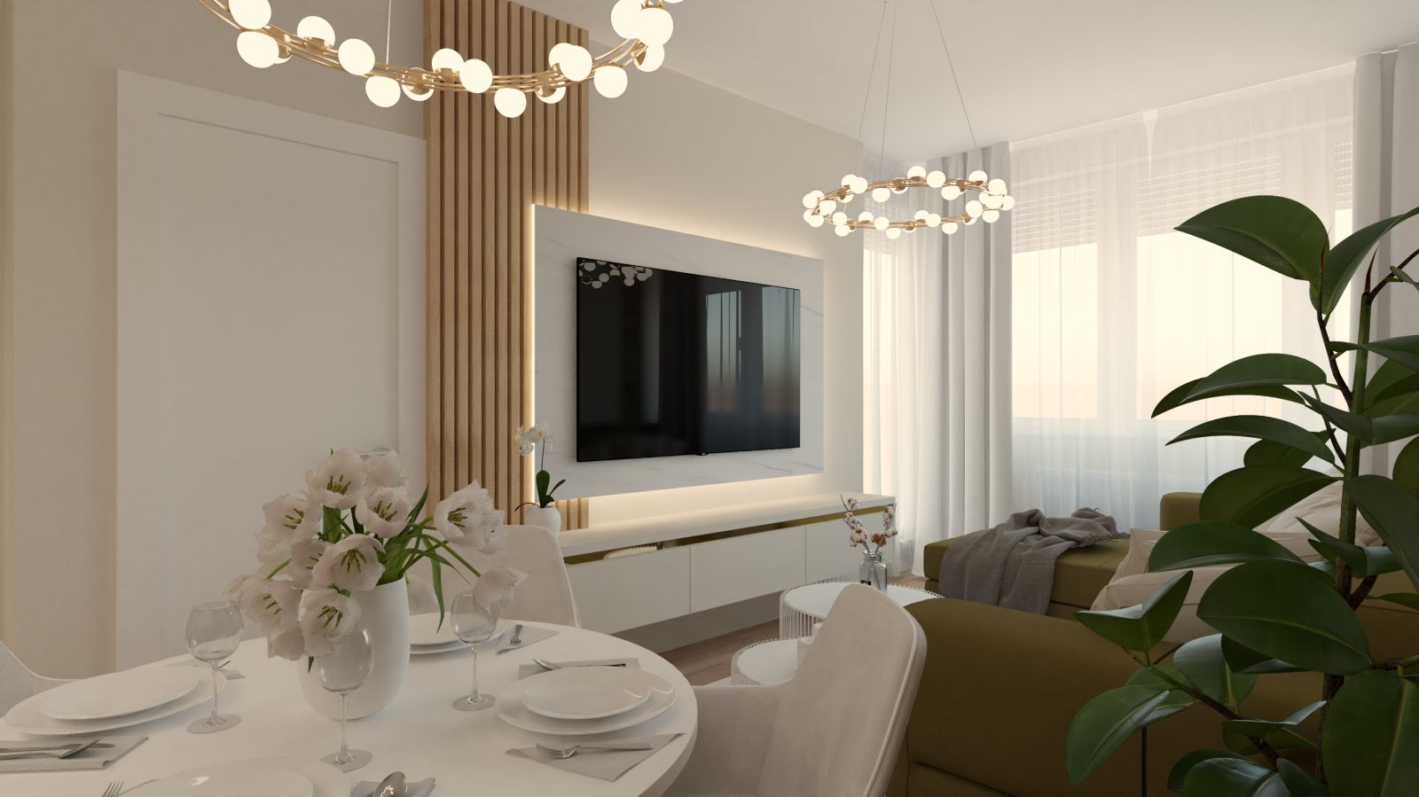 Render — trpezarija sa mermernim TV zidom