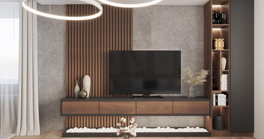 Render — TV komoda sa orahom i sivim panelom