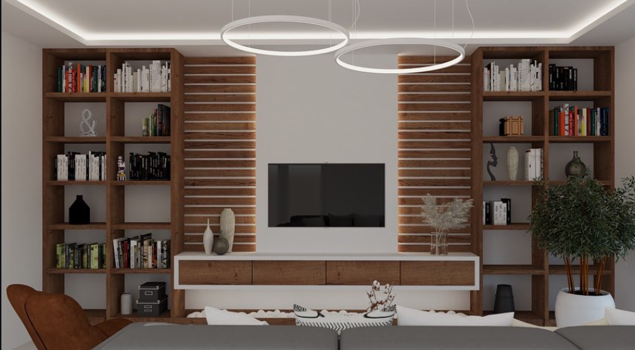 Render — TV zid sa drvenim policama i lamelama